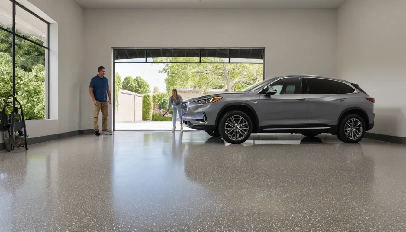 A two-car garage in the Schaumburg area with a freshly coated gray and tan flake polyaspartic floor